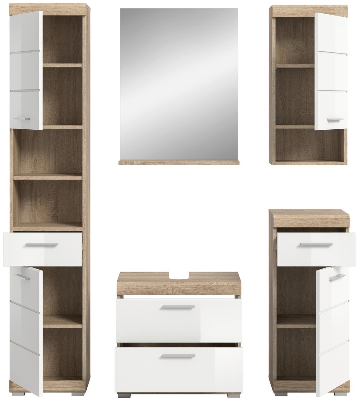 Badezimmer Lambada Eiche Dekor/weiß B: 134 Cm - Weiß Hochglanz/Silberfarben, MODERN, Glas/Holzwerkstoff (134cm) - MID.YOU