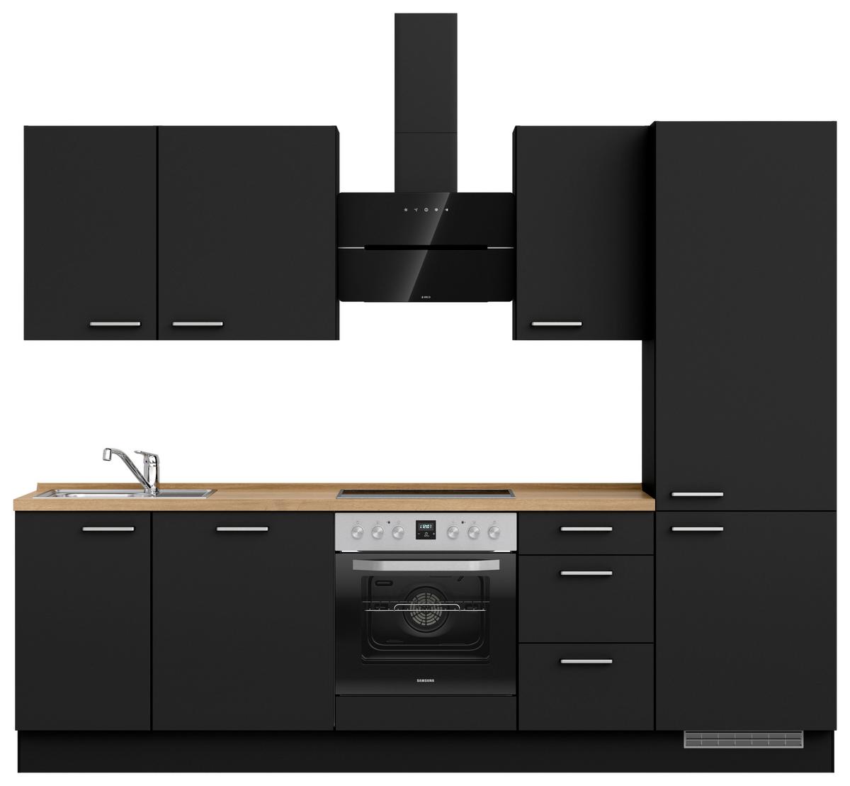 Kuchyňská linka 270 cm, černá matná/ barva dub - černá/barvy dubu, Moderní, kov/kompozitní dřevo (270cm) - Nobilia