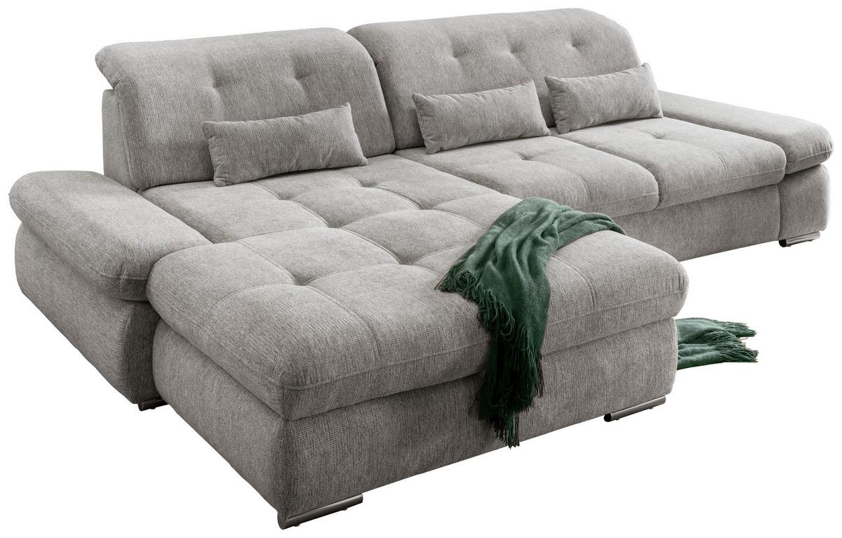 Silberfarbenes Ecksofa mit Nierenkissen, Armlehnen und verstellbaren Kopfteilen