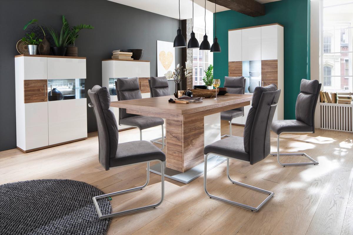 Highboard B: 90 cm Luzern Weiß/Eichefarben - Eichefarben/Weiß, Design, Glas/Holzwerkstoff (90/135/37cm) - Livetastic