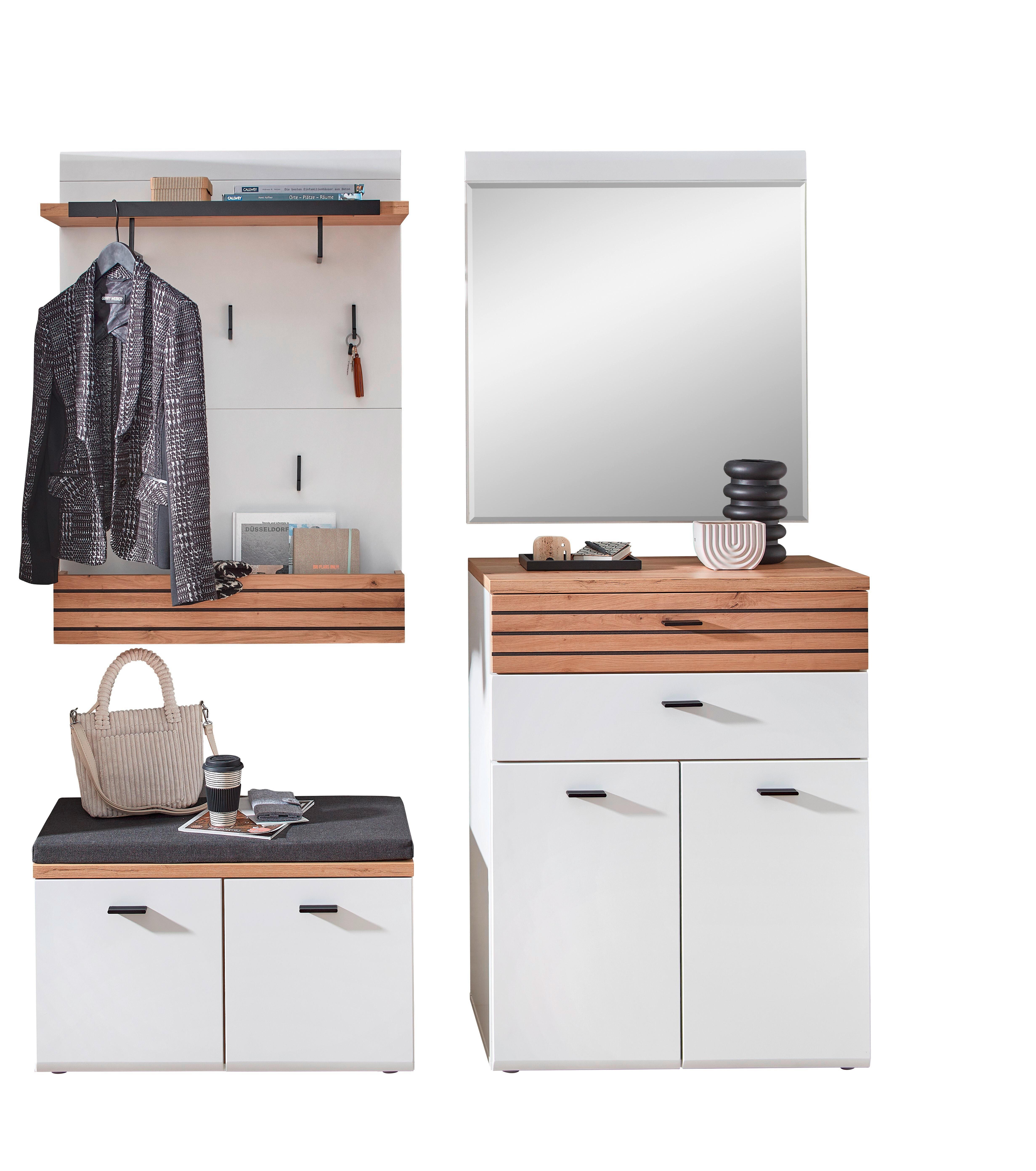 Garderobe Fresno Weiß/Eiche Artisan, B: 175 cm - Schwarz/Weiß, Design, Glas/Holzwerkstoff (175/201/40cm) - Livetastic
