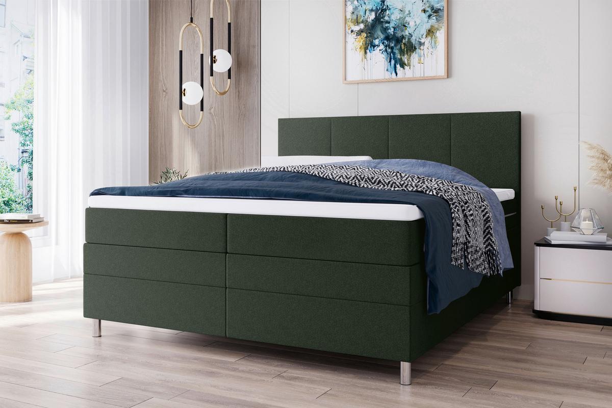Boxspringbett mit Topper und Bettkasten 180x200 cm Messina - Chromfarben/Grün, KONVENTIONELL, Textil (180/200cm)