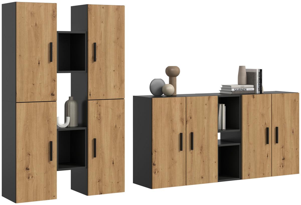 Wohnwand, The One 5, B: 270 cm Artisan Eiche Dekor/Grau - Schwarz/Eiche Artisan, Trend, Holzwerkstoff (270/182/34cm)
