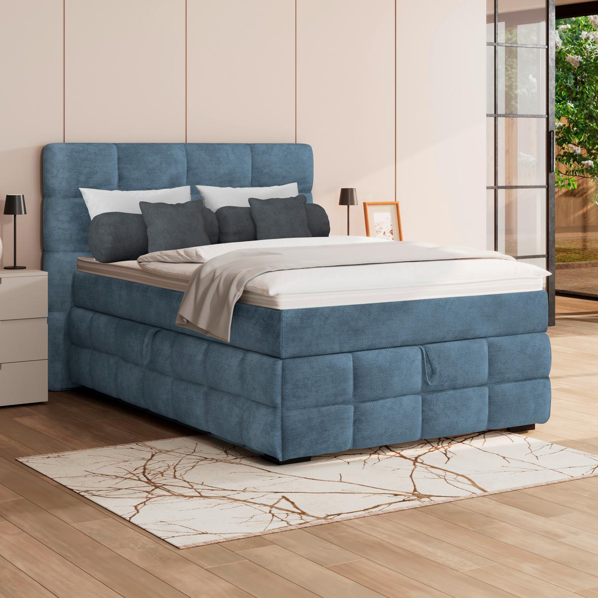 Čalúnená posteľ VEGA 140x200 cm, modrá - modrá/čierna, Trend, drevo/textil (140/200cm)