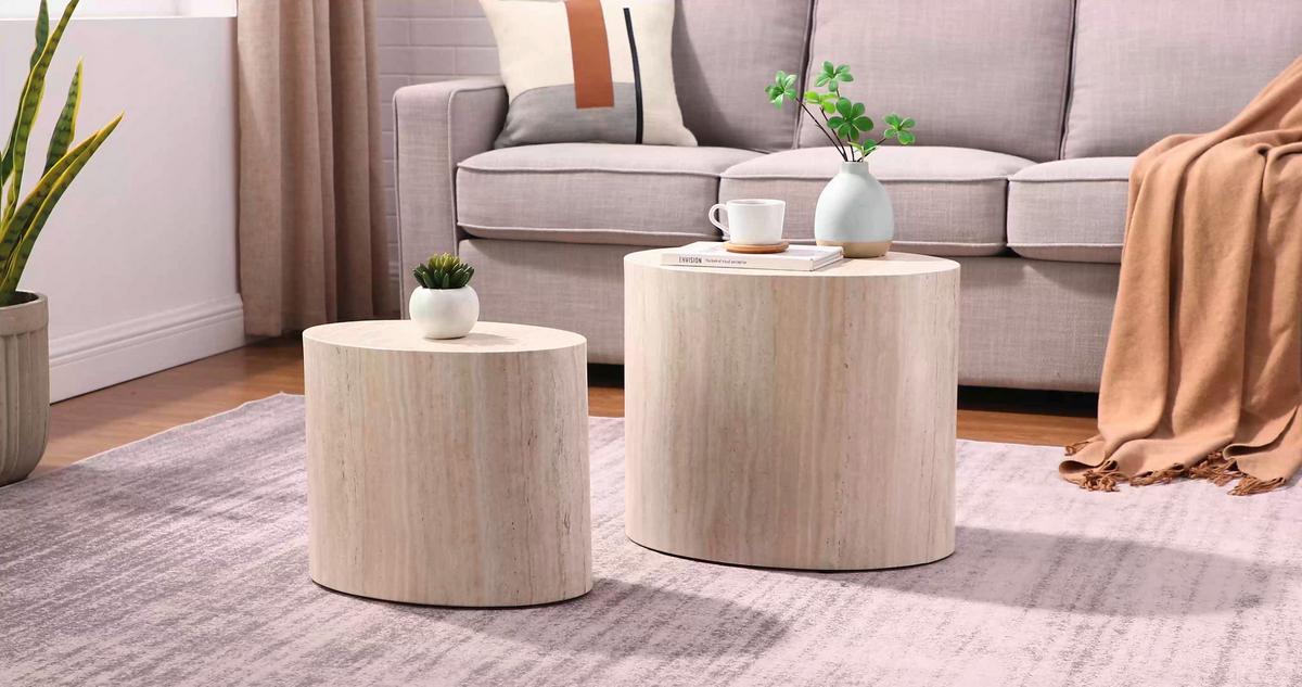 Couchtischset 2-teilig Beige/travertinoptik - Beige, MODERN, Holzwerkstoff (48-40/33-24,5/40-33cm) - Livetastic