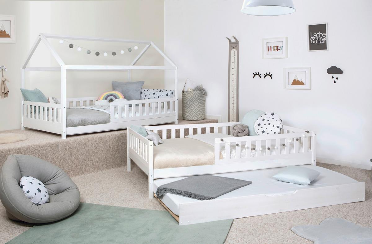 Bodenbett 100/200 Cm In Weiß Inkl. Matratzen Und Zusatzbett - Weiß/Naturfarben, MODERN, Holz/Textil (100/200cm) - MID.YOU