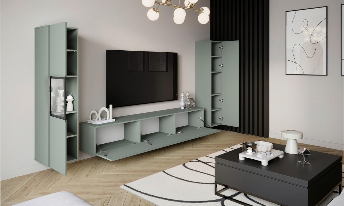 Wohnwand mit LED Berlin III Salbeigrün - Salbeigrün/Grau, Design, Glas/Holzwerkstoff (240/130/31cm) - P & B