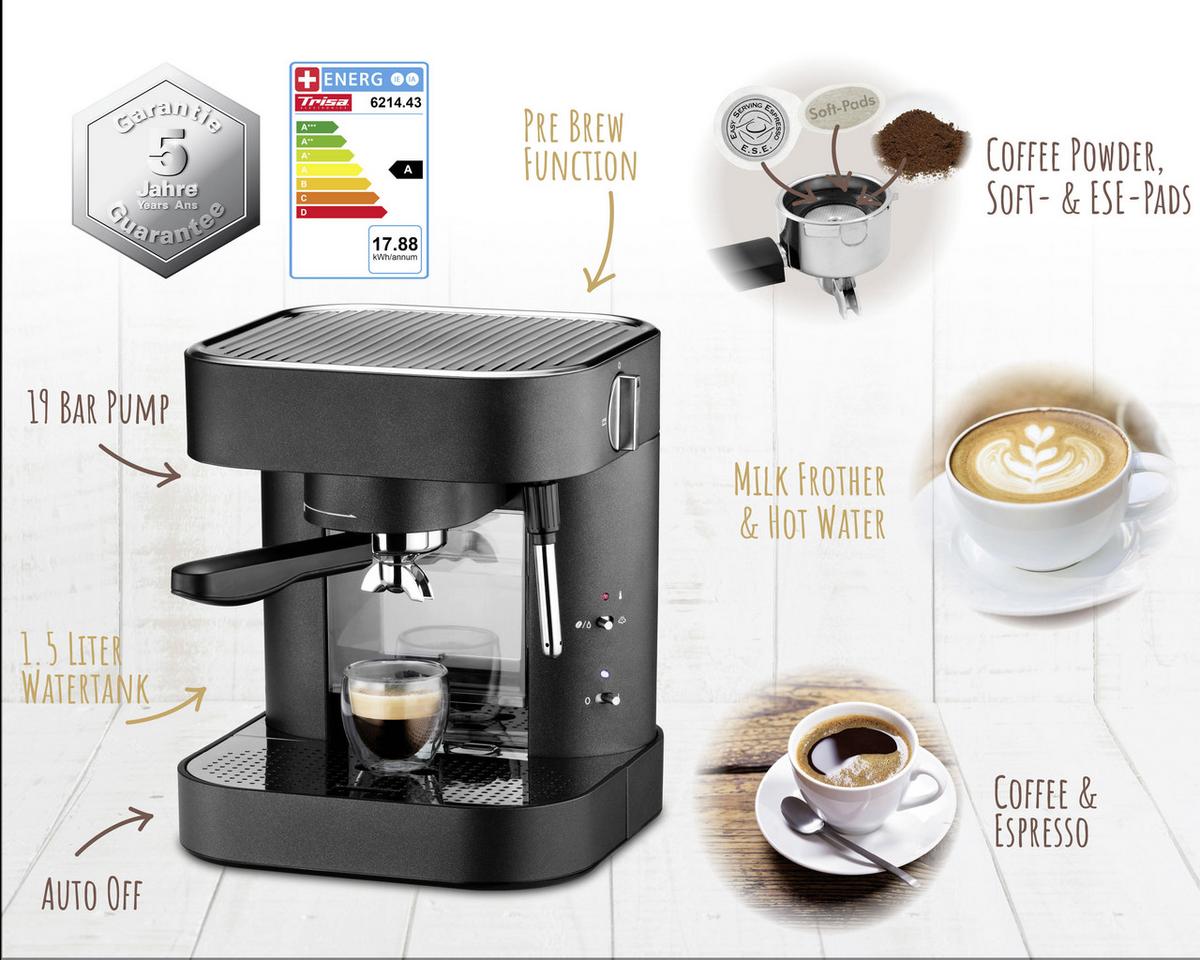 Kaffeepadmaschine Espresso Perfetto Schwarz - Schwarz, Basics, Metall (26/25,5/30cm) - Trisa Electronics