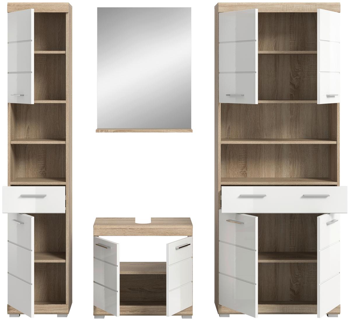 Badezimmer Lambada Eiche Dekor/Weiß B: 171 cm - Weiß Hochglanz/Silberfarben, MODERN, Glas/Holzwerkstoff (171cm) - MID.YOU