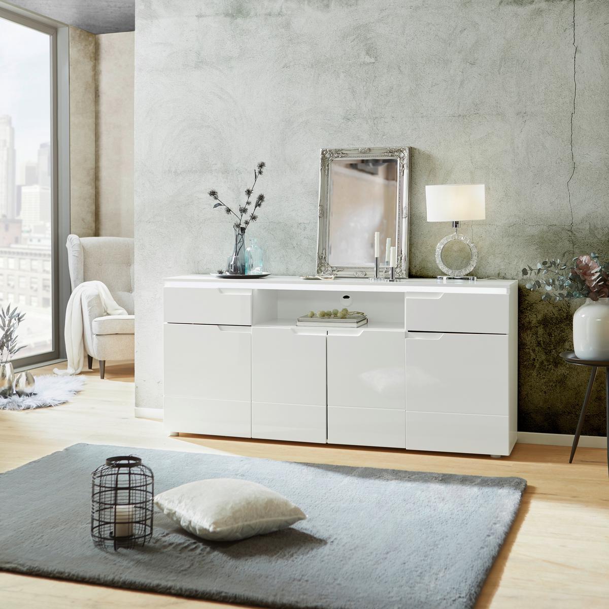 Kommode 180 cm Hilton, Weiß Hilton - Weiß Hochglanz/Weiß, MODERN, Holzwerkstoff (180/83,6/40cm)