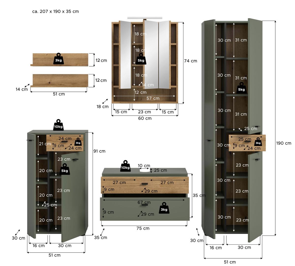 Badezimmer Aqua Grün/Eichefarben B: 177cm - Eichefarben/Schwarz, Trend, Glas/Holzwerkstoff (177cm) - MID.YOU