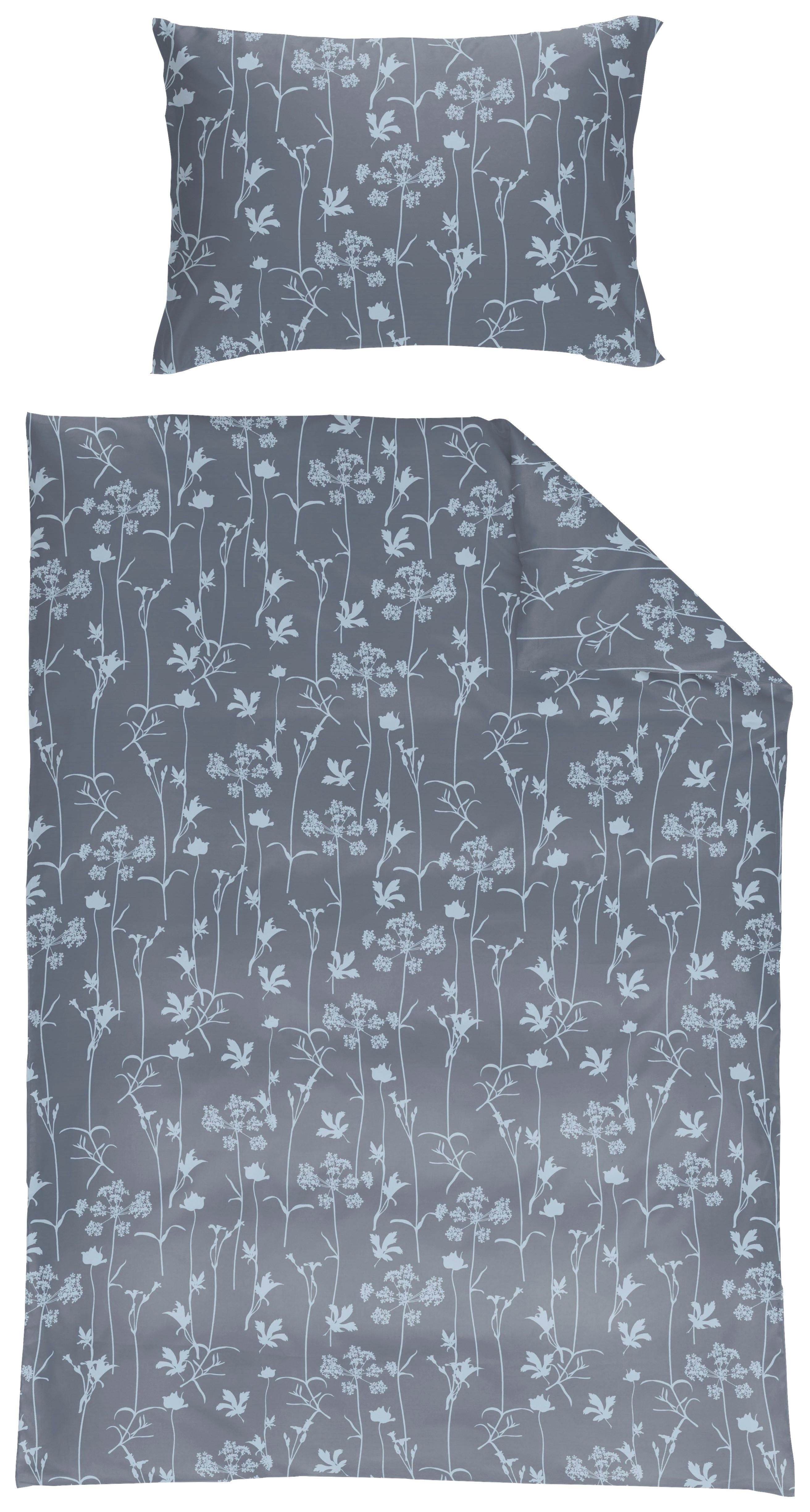 Satin-Bettwäsche SIGRID in Blau mit Blumenmotiv