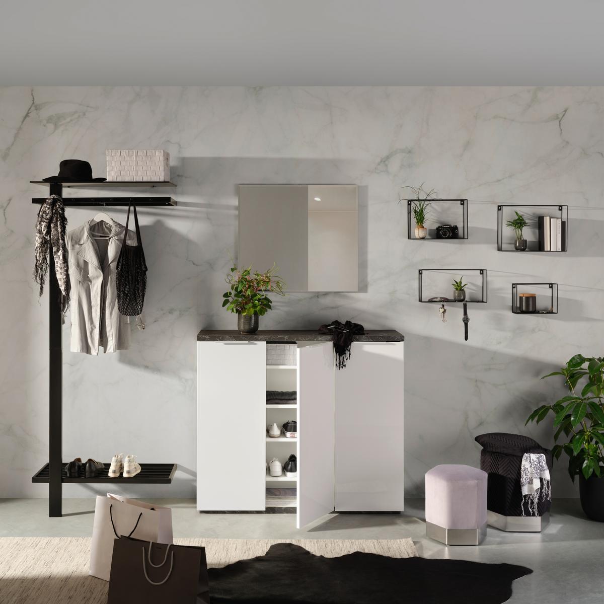 Skrinka na topánky MUNDI - sivá/biela, Modern, kov/kompozitné drevo (120/102/35cm) - Premium Living