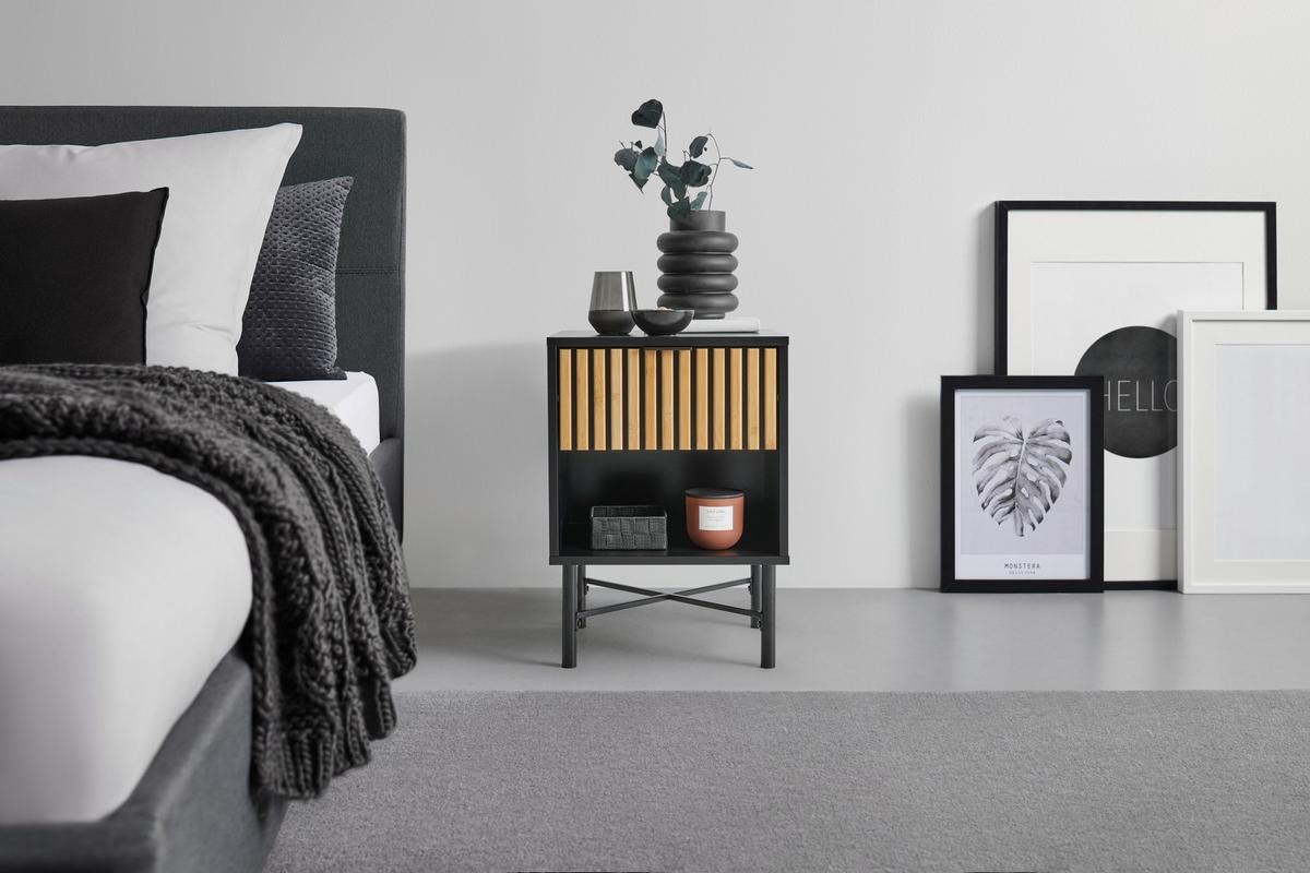 NOČNÝ STOLÍK MADRID - čierna/prírodná farba, Modern, kov/drevo (40/56/35cm)