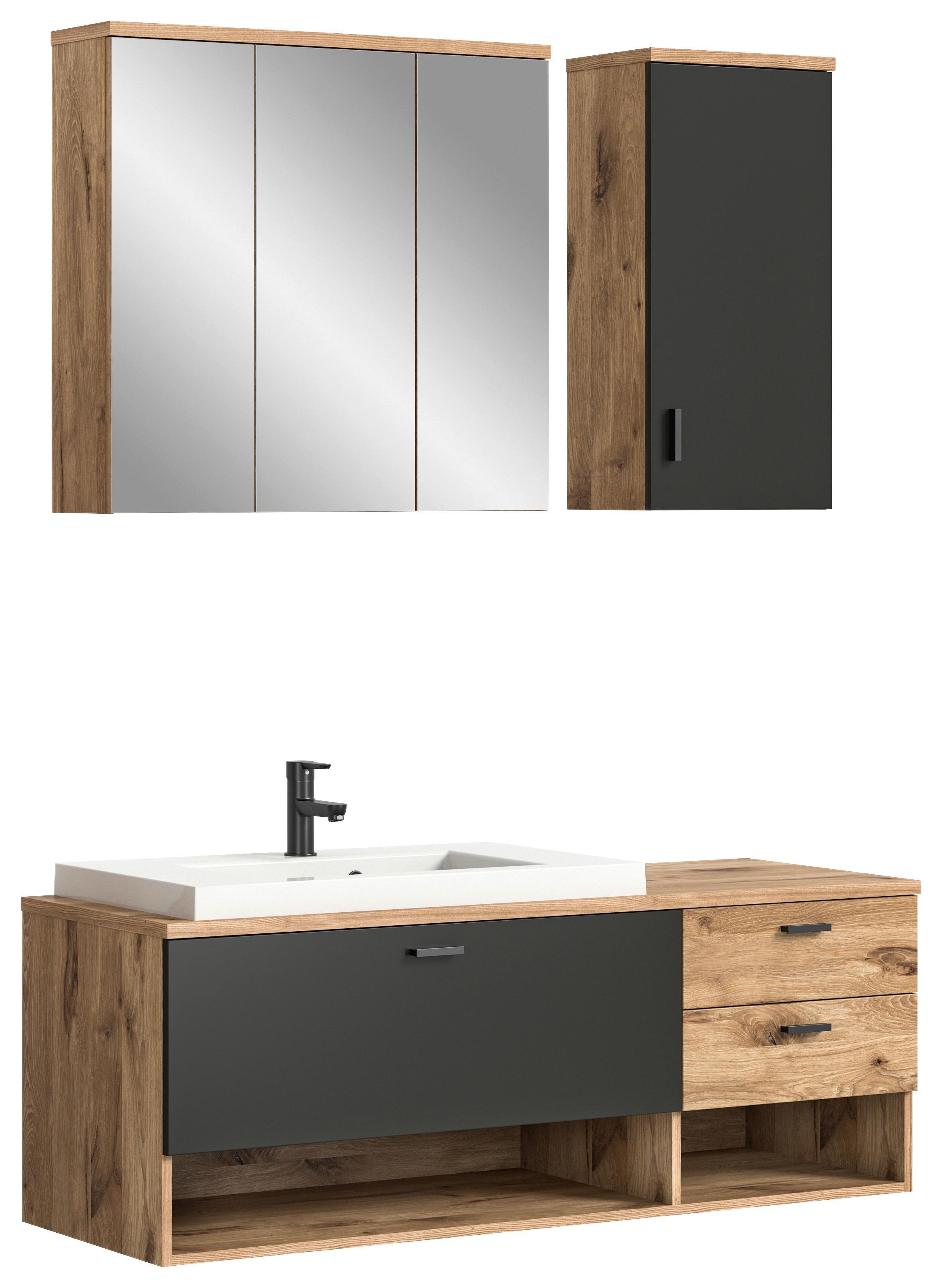 Badezimmer Grado Eiche Dekor/Grau - Dunkelgrau/Weiß Hochglanz, MODERN, Glas/Keramik (138cm) - MID.YOU