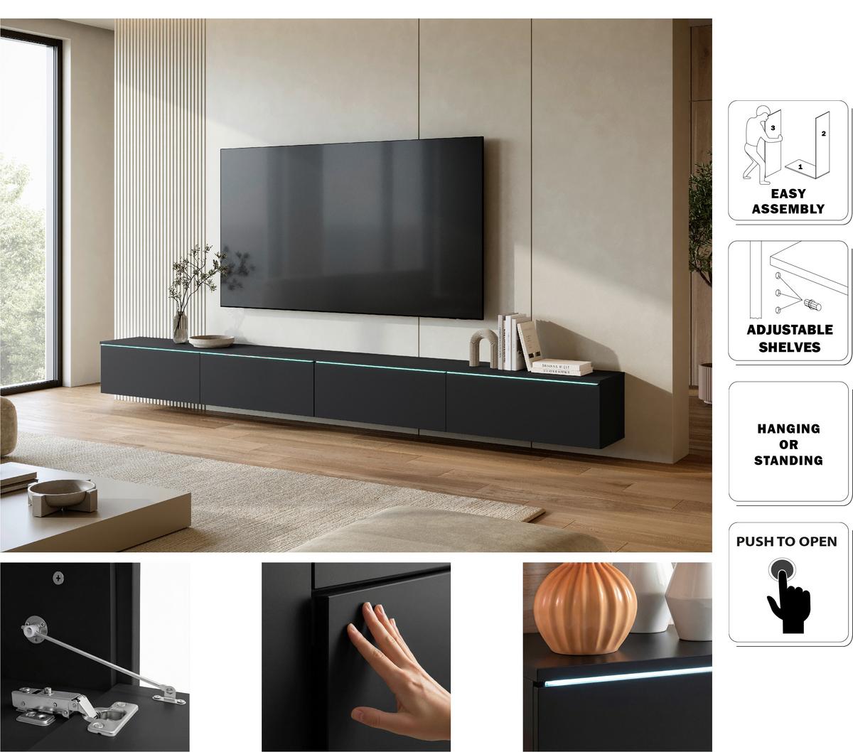 NÍZKÁ KOMODA LOWBOARD D 300 - šedá/černá, Basics, kompozitní dřevo/plast (300/32/33cm) - P & B