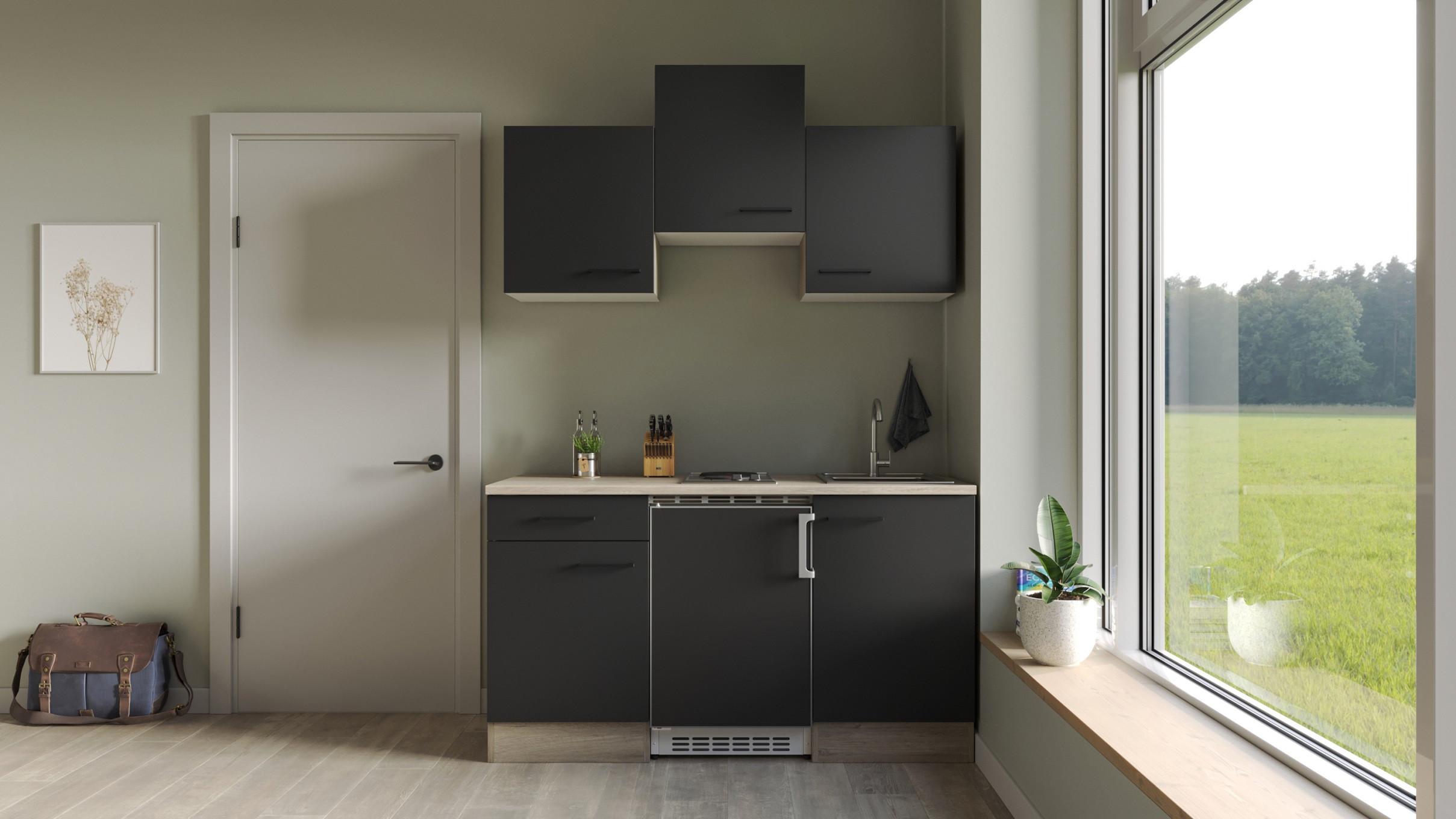 Miniküche Capri Eiche/Schwarz B: 150,5 cm - Eichefarben/Schwarz, Basics, Holzwerkstoff (150,5cm) - FlexWell