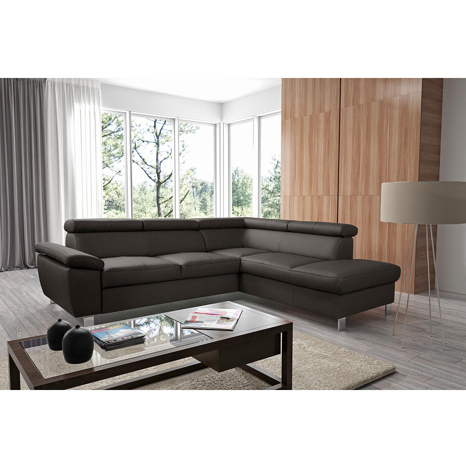 Ecksofa Lugano Teilleder Dunkelbraun 248x208 - Chromfarben/Dunkelbraun, Design, Leder/Textil (248/208cm) - Livetastic