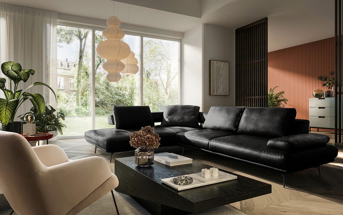 Ecksofa Como Echtleder Schwarz 237x306 - Schwarz/Grau, Design, Leder (237/306cm) - Livetastic