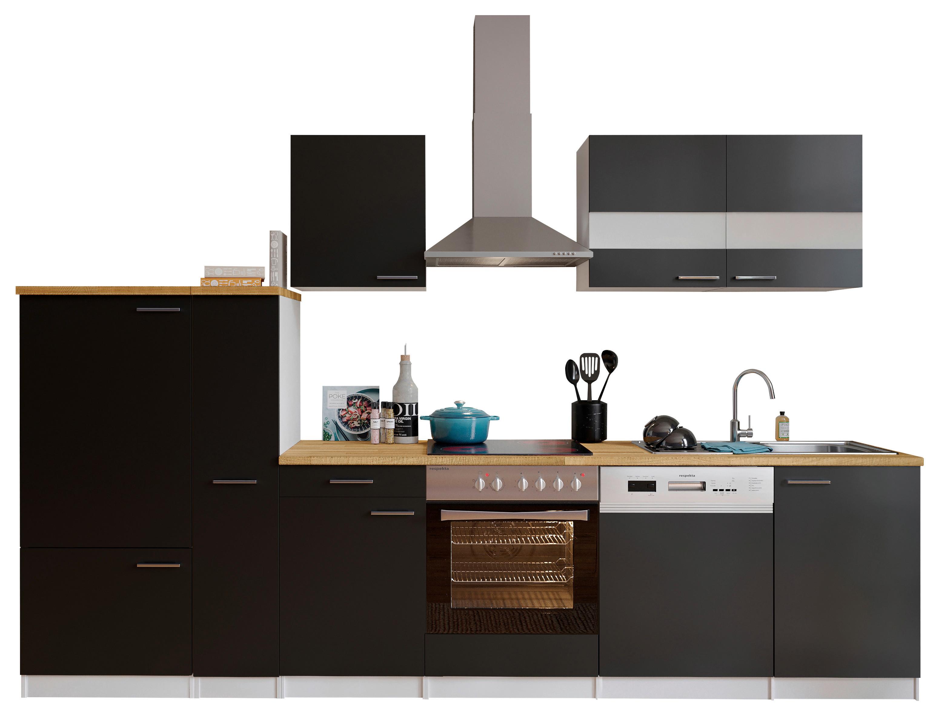 Küchenzeile ohne Geräte B: 310 cm Schwarz/Weiß/Nussbaum Dekor - Nussbaumfarben/Schwarz, Basics, Holzwerkstoff (310cm) - Respekta