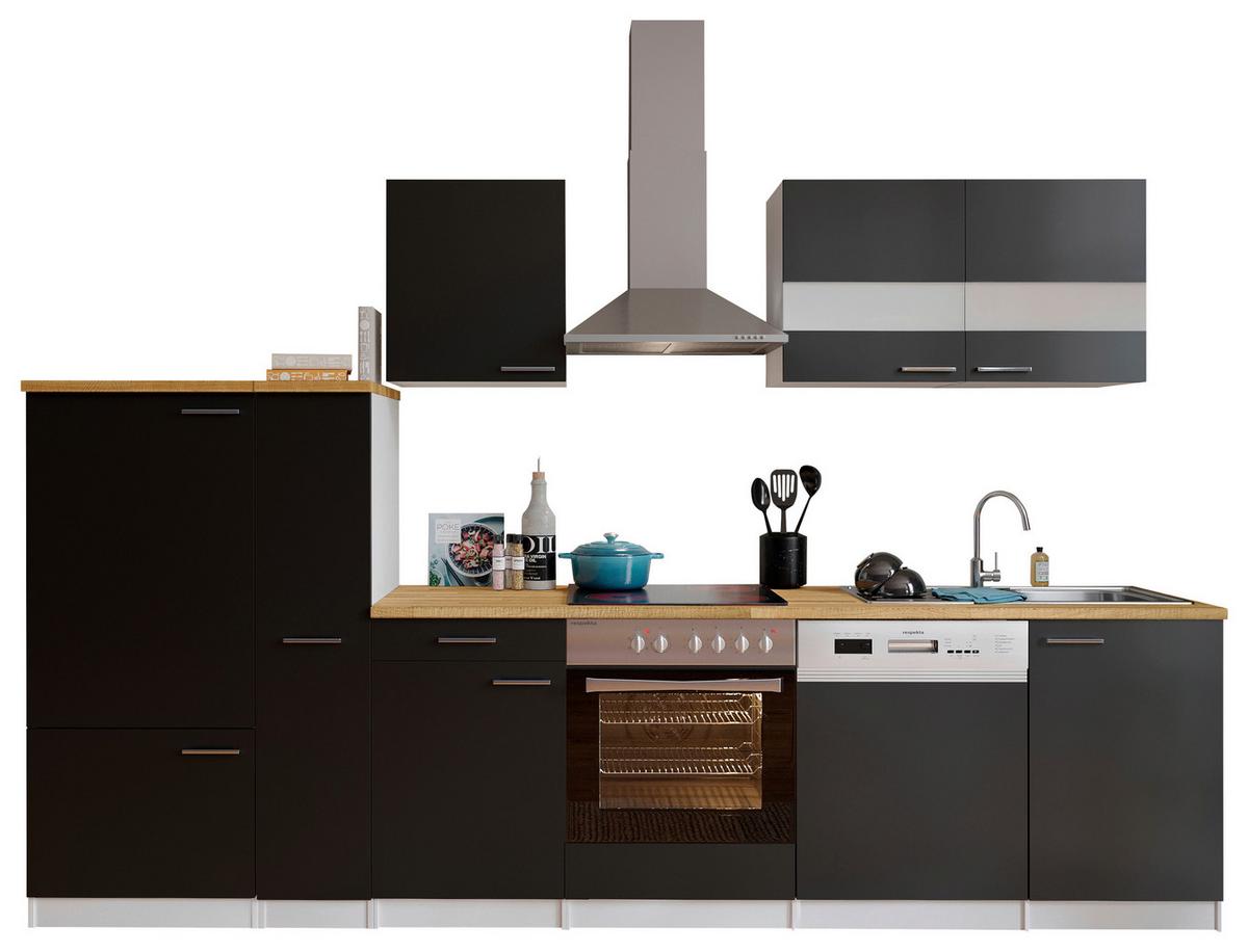 Küchenzeile ohne Geräte B: 310 cm Schwarz/Weiß/Nussbaum Dekor - Nussbaumfarben/Schwarz, Basics, Holzwerkstoff (310cm) - Respekta