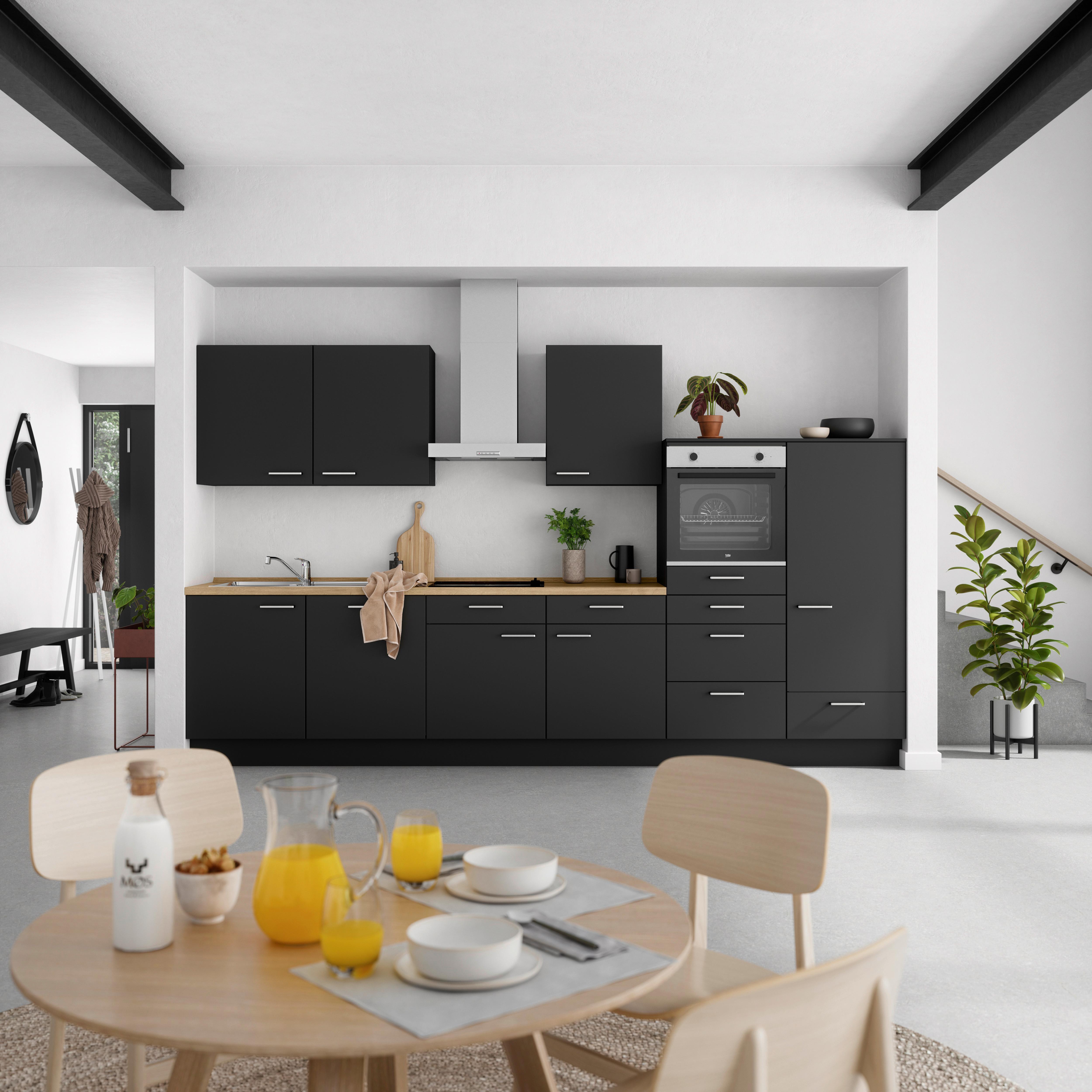 Kuchyňská linka 360 cm, černá matná - černá/barvy dubu, Moderní, kov/kompozitní dřevo (360cm) - Nobilia