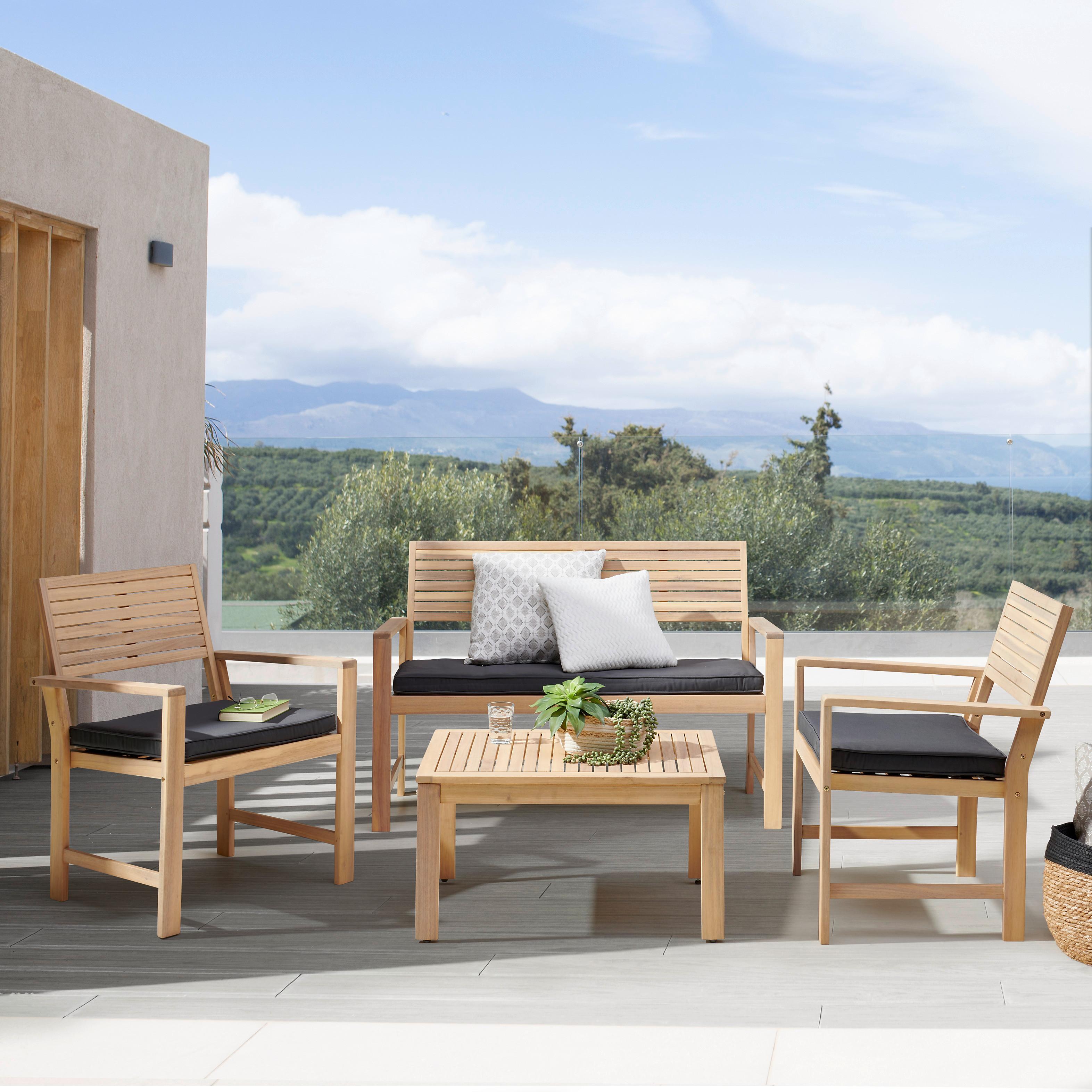 Loungegarnitur 4-tlg. Bergen aus Echtholz mit Kissen - Dunkelgrau/Akaziefarben, MODERN, Holz/Textil (73cm) - Beldano