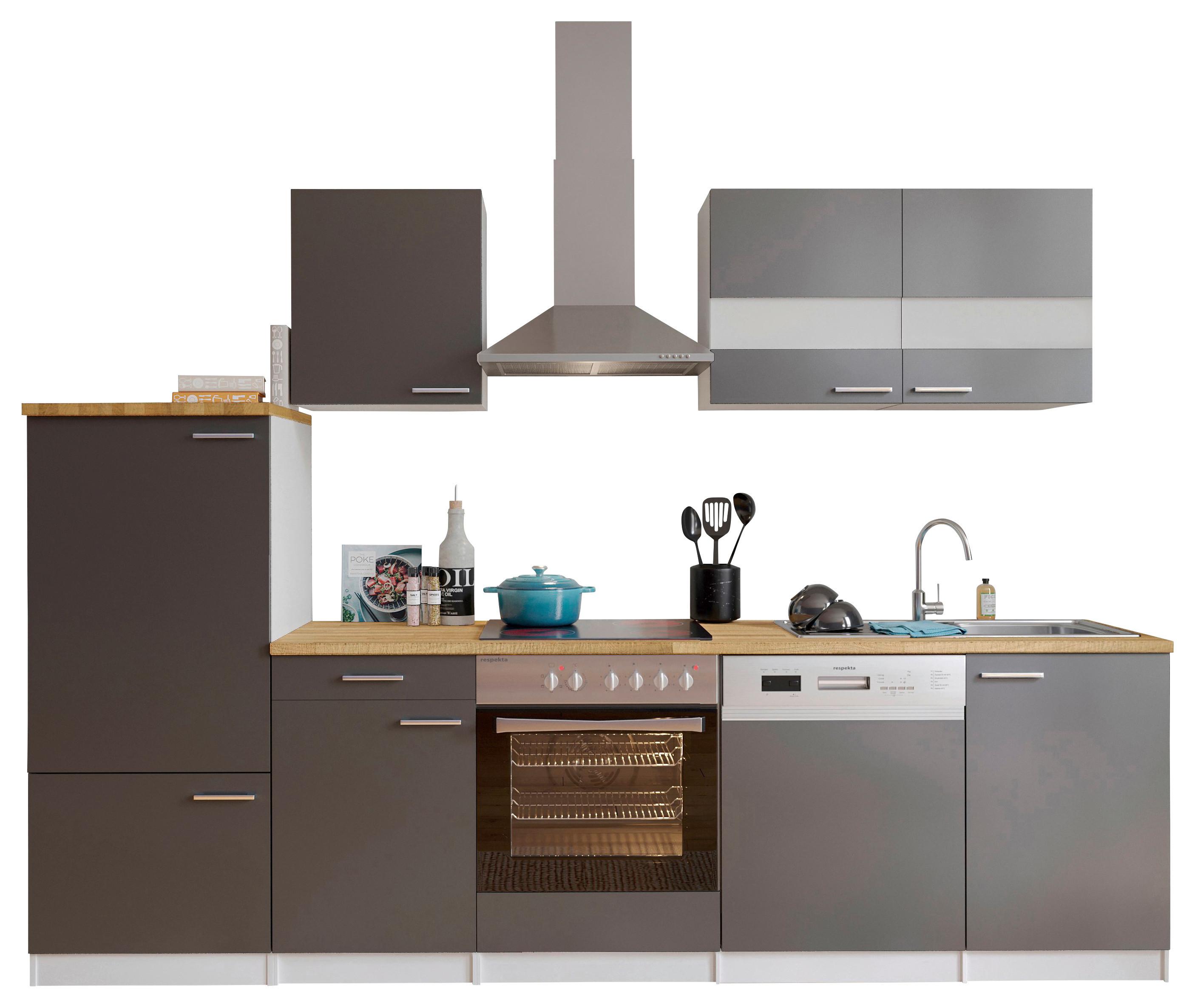 Küchenzeile ohne Geräte B: 280 cm Grau/Weiß/Nussbaum Dekor - Nussbaumfarben/Weiß, Basics, Holzwerkstoff (280/200/60cm) - Respekta