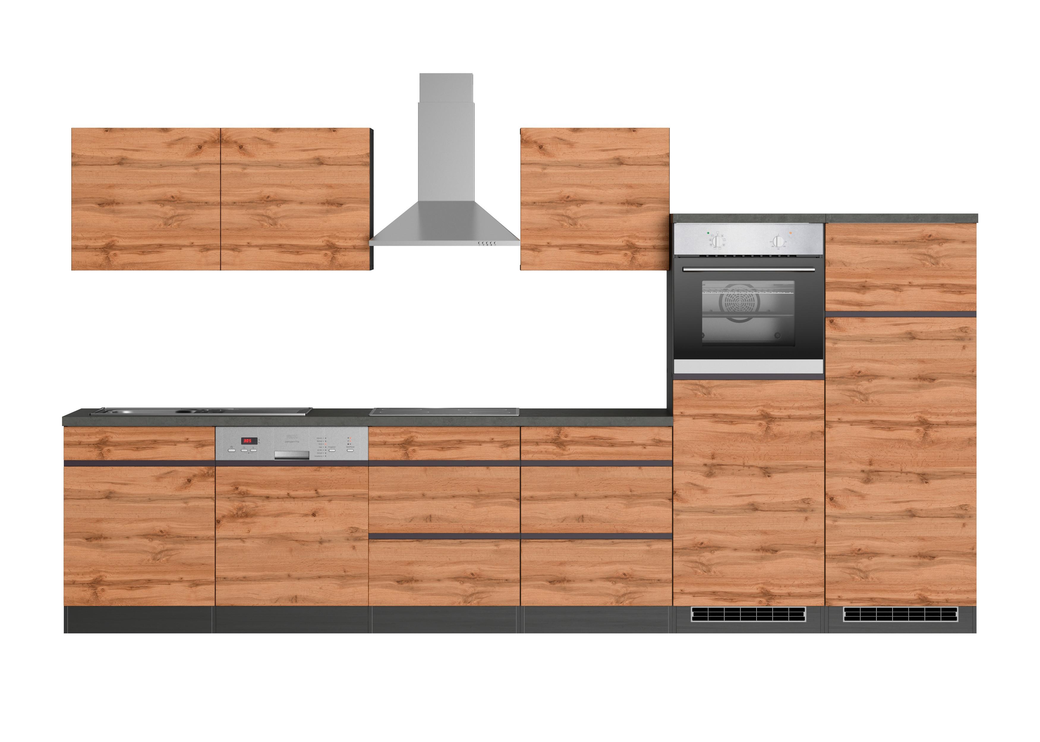 Küchenzeile Turin mit Geräten B: 360 cm Graphit/Eichen Dekor - Eiche Wotan/Graphitfarben, Design, Holzwerkstoff (360cm) - Held