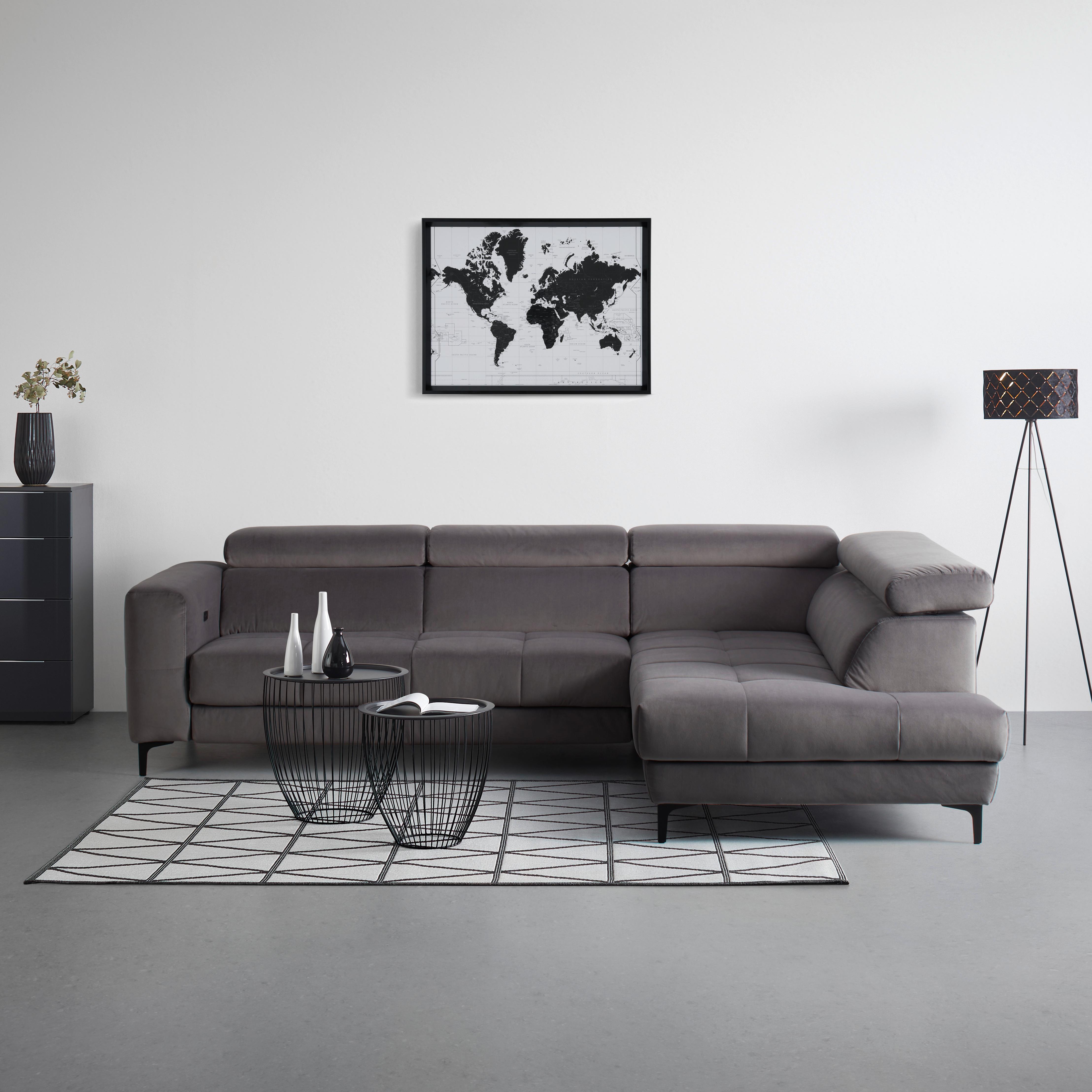 Rohová sedačka EMMA, pravá, šedá,nast.op.hl.,USB,el. výsuv - šedá/černá, Moderní, textil (301/47/210cm) - Premium Living