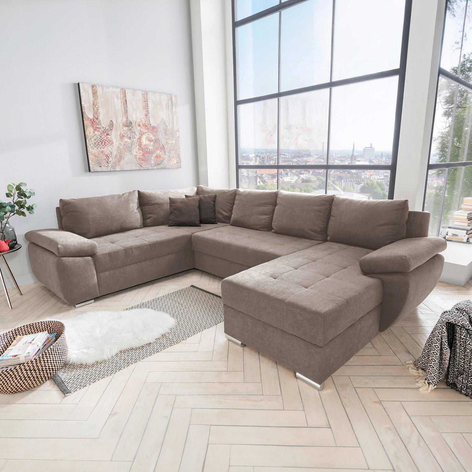 Wohnlandschaft Terana Mit Schlaffunktion, Taupe - Taupe/Chromfarben, KONVENTIONELL, Textil (219/305/157cm) - Livetastic