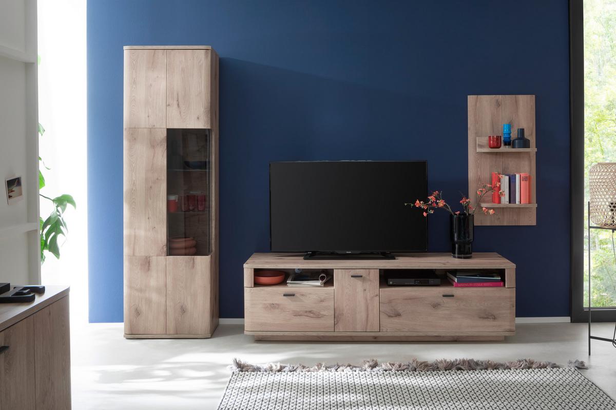Wohnwand Prato Eiche Dekor B: 270 cm - Eichefarben, Design, Glas/Holzwerkstoff (270/199/50cm) - MID.YOU