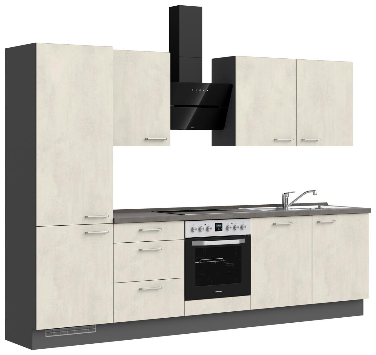 Kuchynská linka 300CM biely betón/ bridlicová šedá - biela/farba ušľachtilej ocele, Modern, kov/kompozitné drevo (300cm) - Nobilia