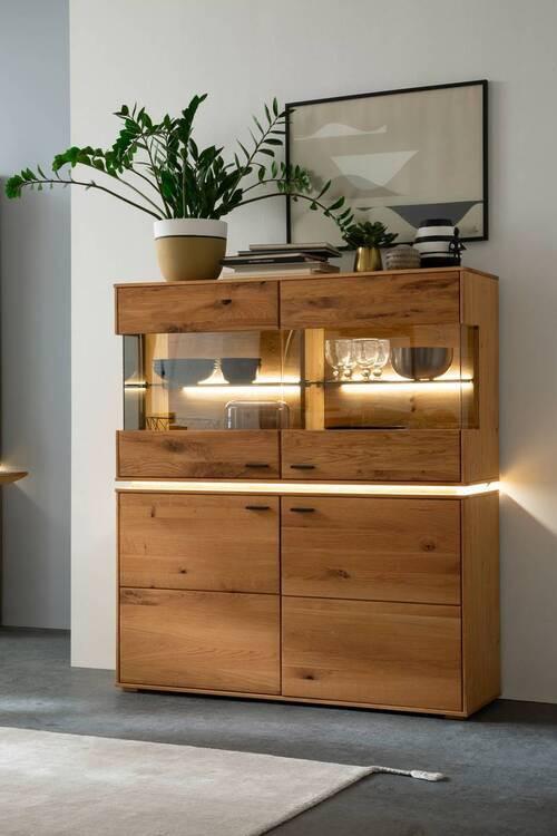 Highboard Echtholz B: 123 cm Como Wildeiche - Wildeiche, Natur, Glas/Holz (123/137/38cm) - MID.YOU