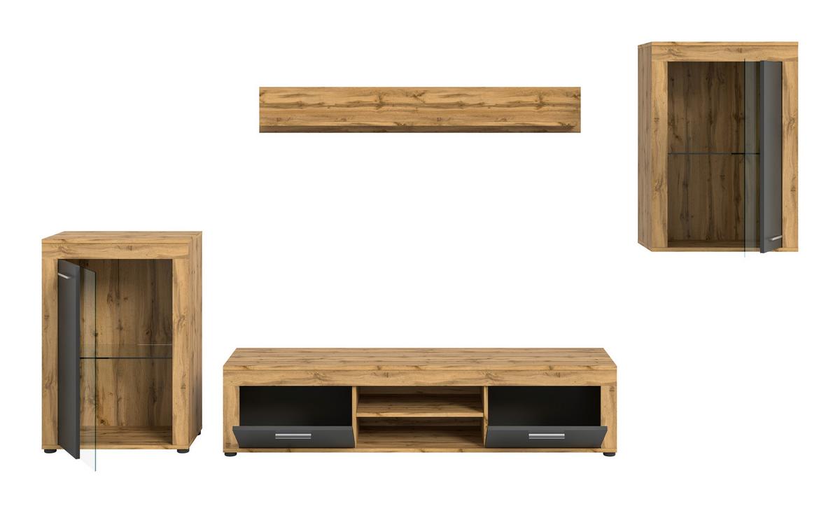 Wohnwand Jam Eiche Wotan Dekor B: 310cm - Eiche Wotan/Schwarz, Design, Glas/Holzwerkstoff (310/169/35cm) - MID.YOU