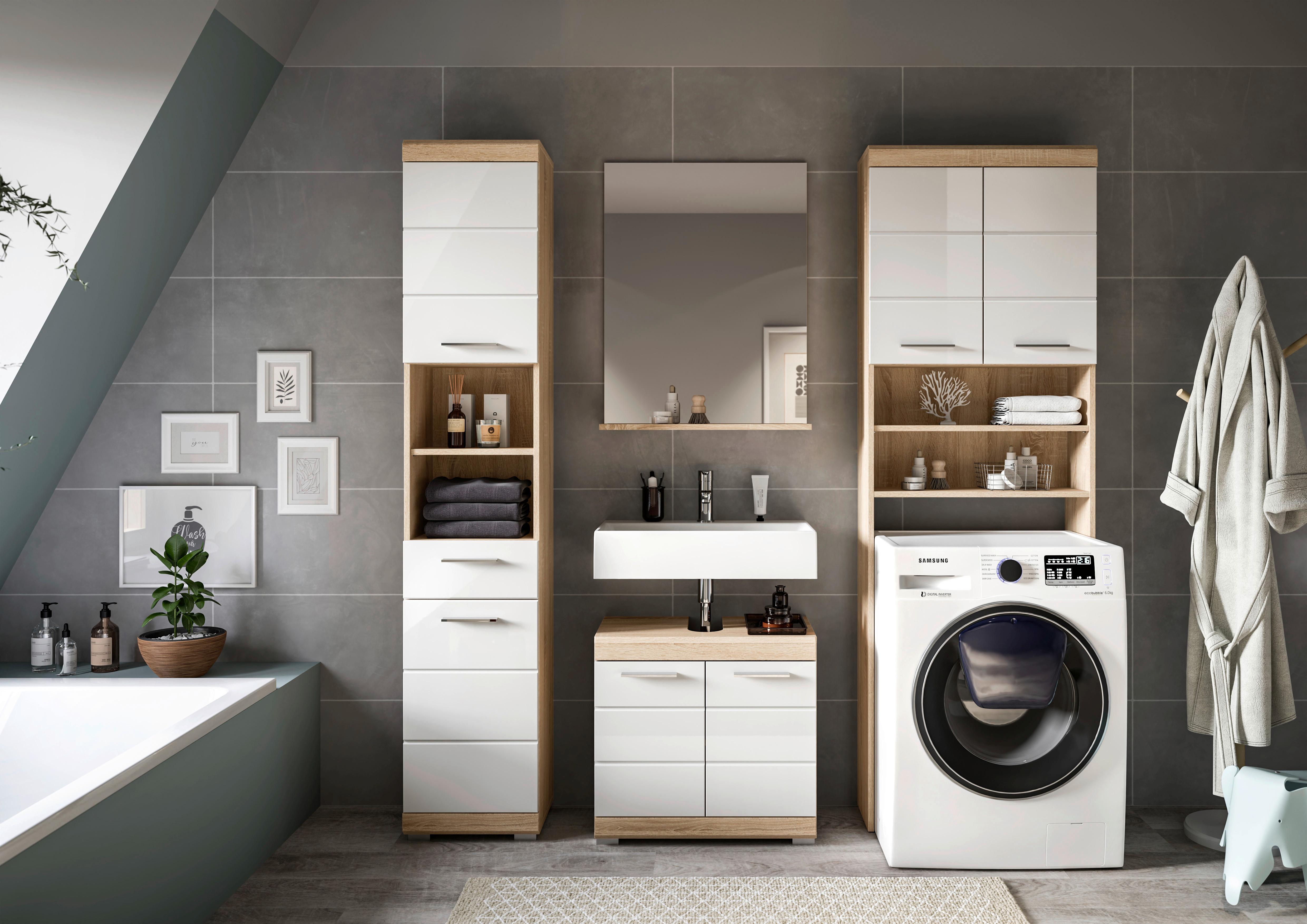 Badezimmer Lambada Eiche Dekor/weiß B: 160 Cm - Weiß Hochglanz/Silberfarben, MODERN, Glas/Holzwerkstoff (160cm) - MID.YOU