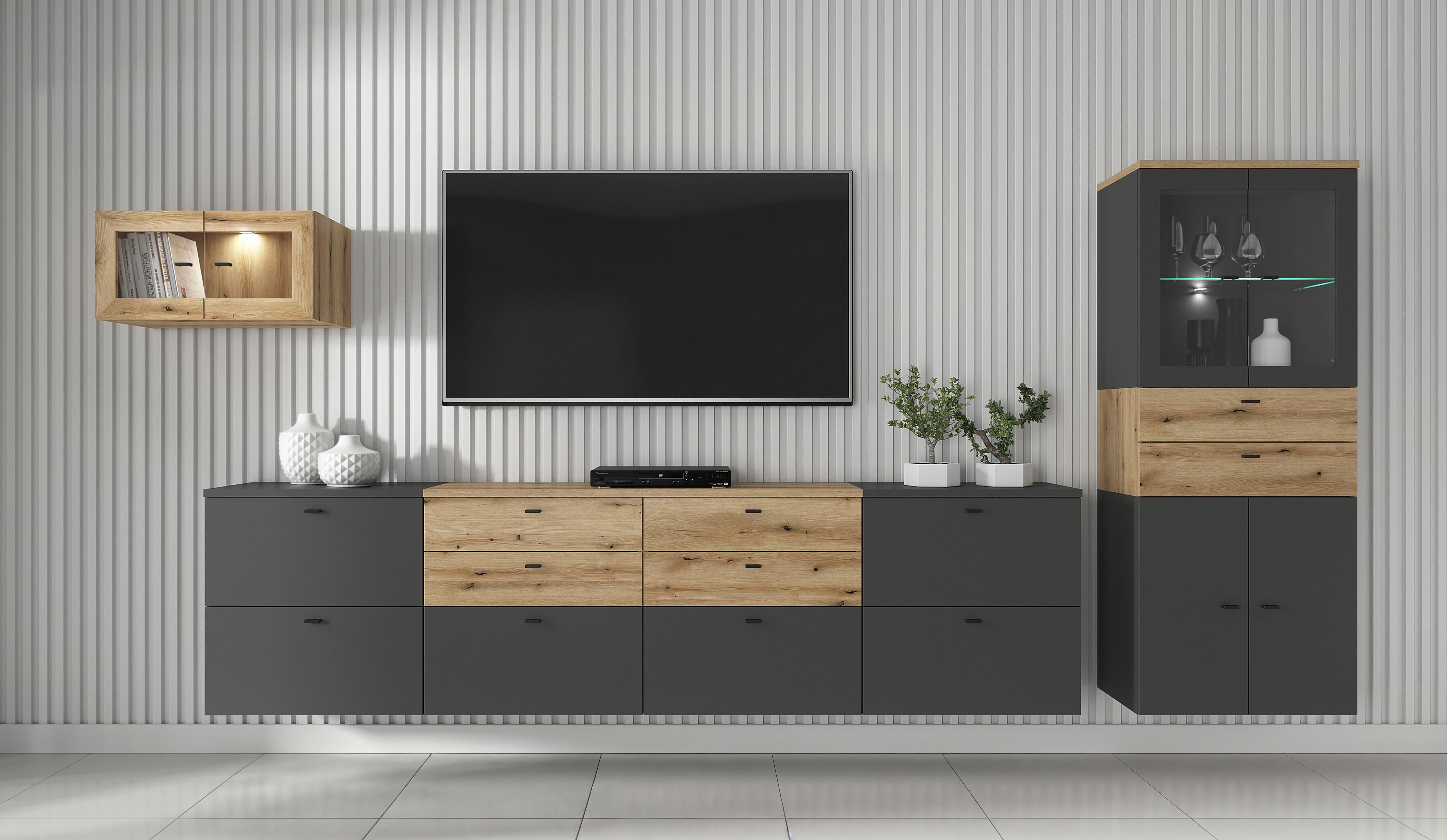 Wohnwand Sixty-four Anthrazit/eichefarben - Eichefarben/Anthrazit, Trend, Holzwerkstoff (320/160/35cm)