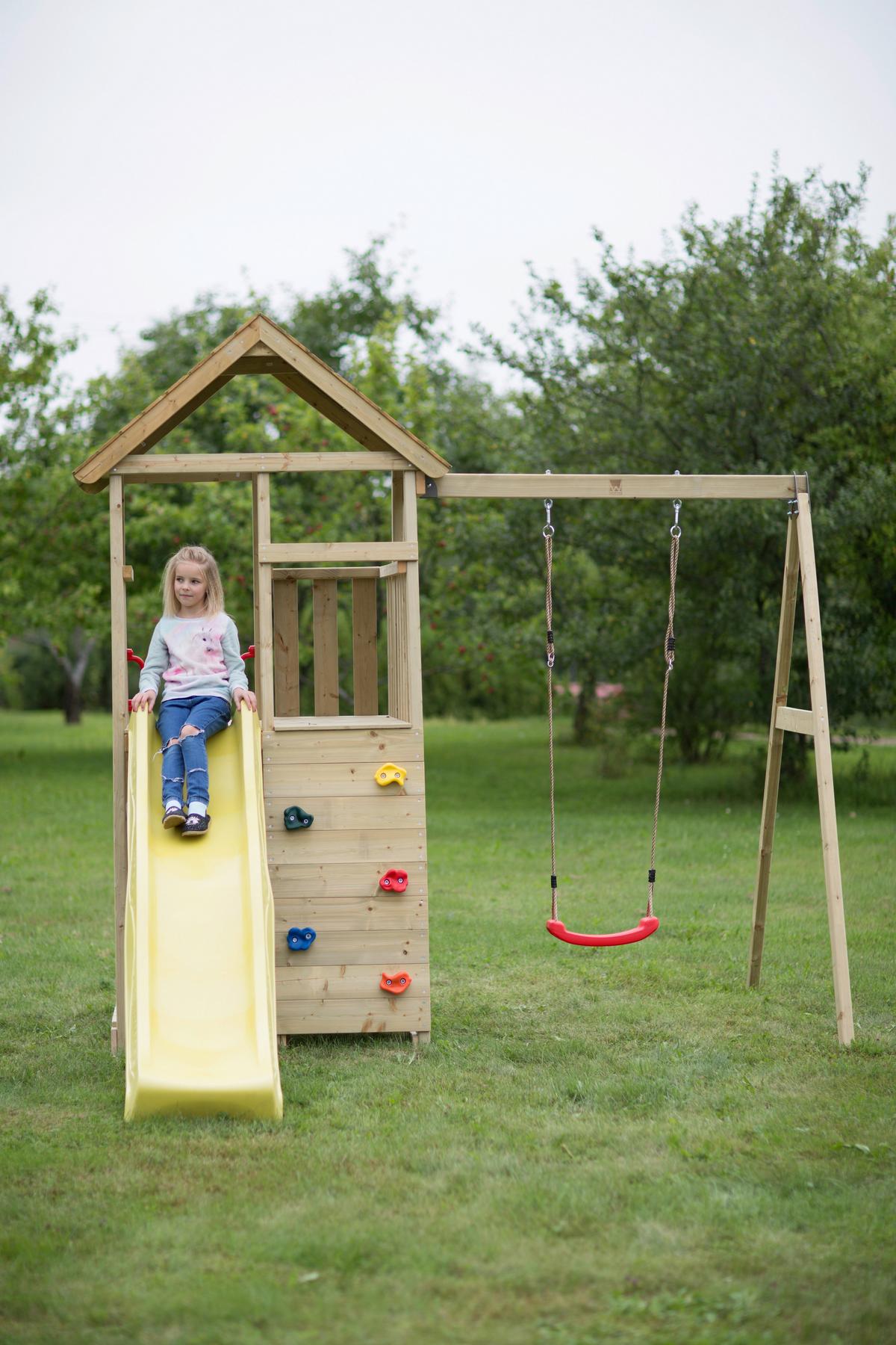 Spielturm Pelikan Gelb/naturfarben, B: 270 Cm - Gelb/Naturfarben, KONVENTIONELL, Holz (270/270/280cm)