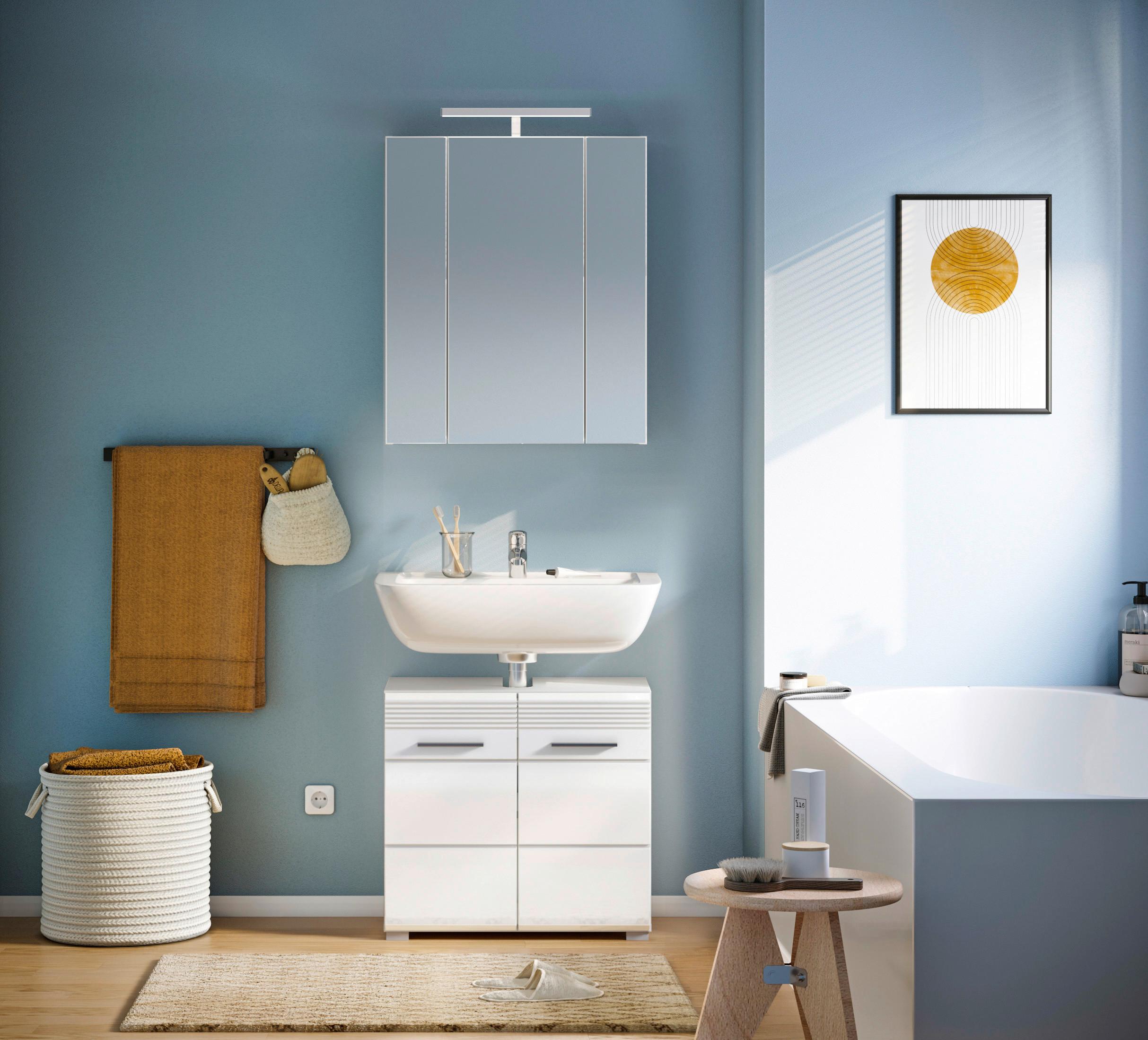 Badezimmer Linus Weiß Hochglanz B: 60cm - Weiß Hochglanz/Silberfarben, MODERN, Glas/Holzwerkstoff (60/182/34cm) - MID.YOU