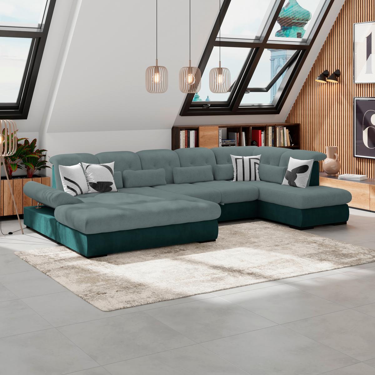 Wohnlandschaft Madera Grün, S: 358x212 Cm - Türkis/Schwarz, KONVENTIONELL, Kunststoff/Textil (190/358/212cm)