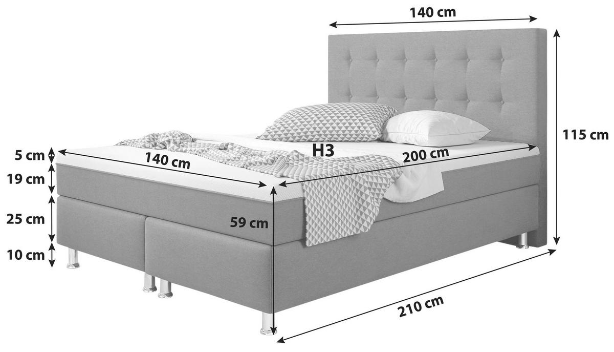 Boxspringbett 140x200 Cm Köln Plus - Silberfarben/Schwarz, KONVENTIONELL, Textil (140/115/210cm) - MID.YOU