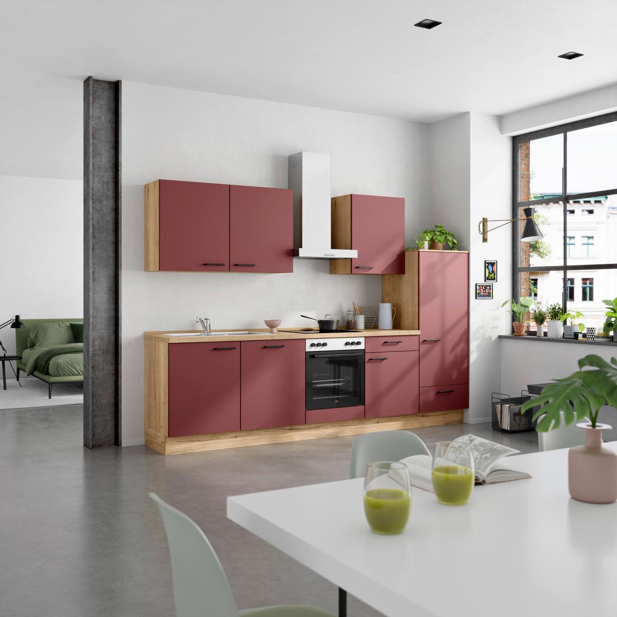 Küchenleerblock Easytouch Low-Line, L10 Rechts - Eichefarben/Rot, MODERN, Holzwerkstoff (300cm) - Nobilia