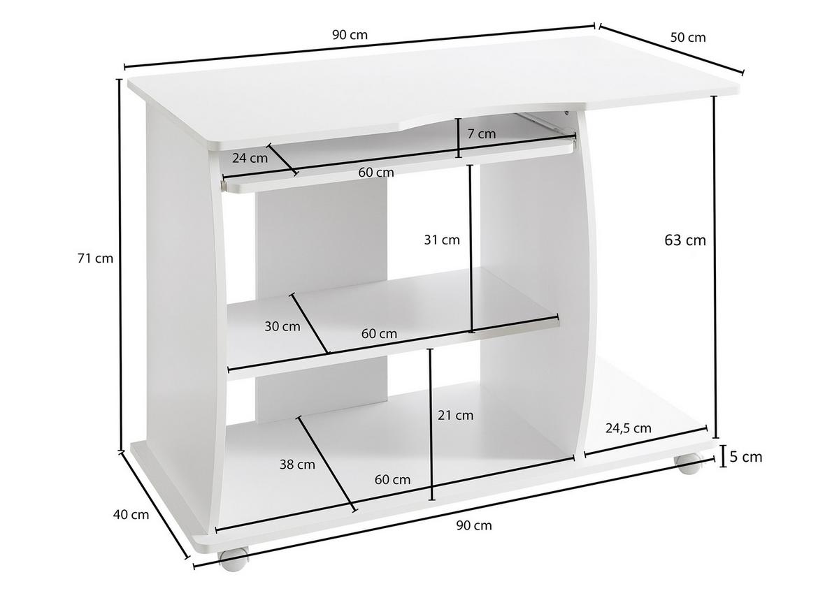 Computertisch Auf Rollen B 90cm H 71cm Diana, Weiß - Weiß, KONVENTIONELL, Holzwerkstoff/Kunststoff (50/90/71cm) - MID.YOU