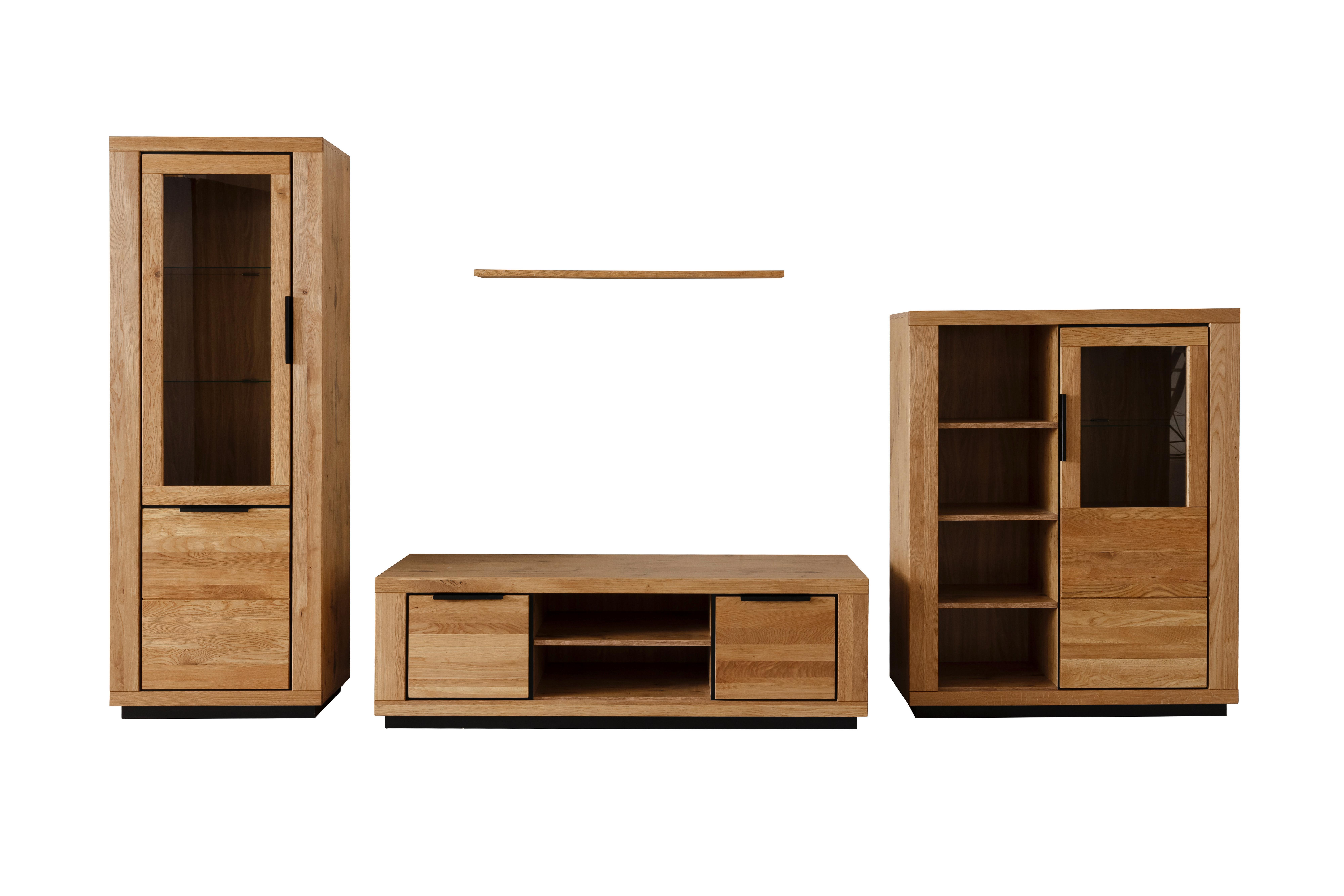 Wohnwand Wildeiche, B: 387 cm - Wildeiche/Schwarz, Design, Glas/Holz (387/200/54cm) - MID.YOU