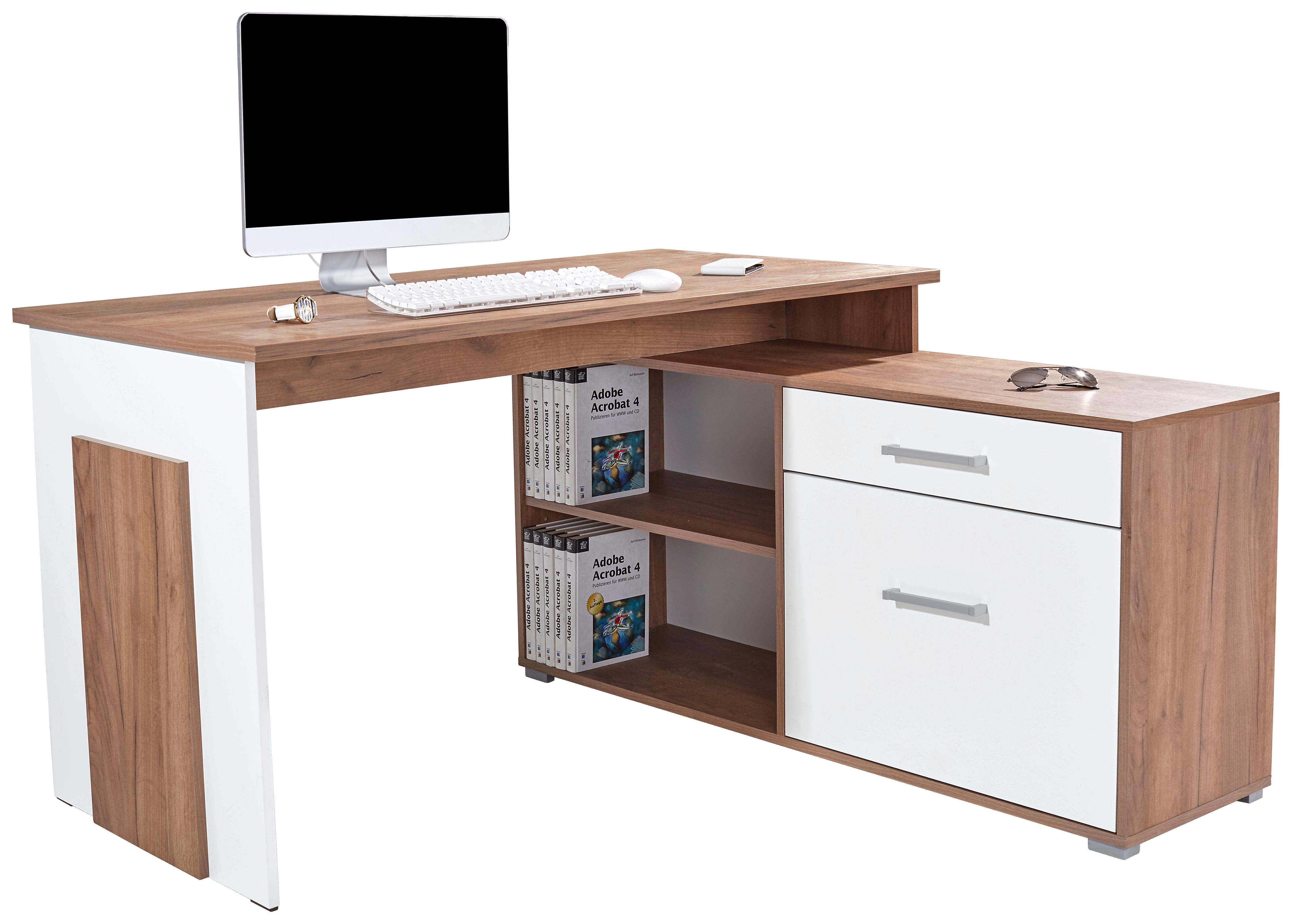 Rohový Psací Stůl Ludwig - bílá/barvy dubu, Moderní, kompozitní dřevo/plast (140/76/130cm)