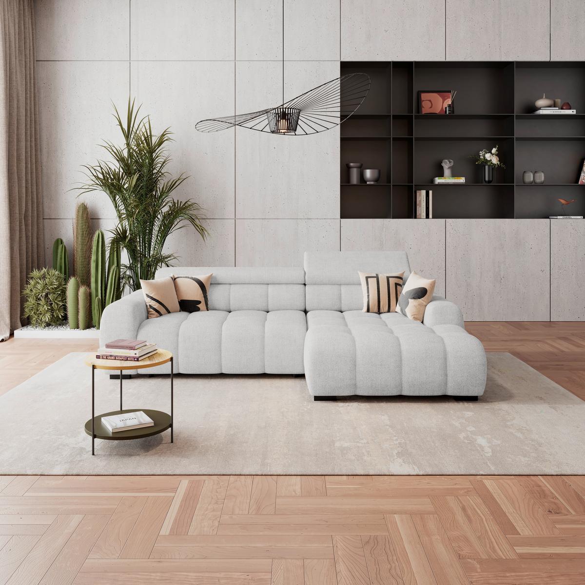 Rohová sedačka FREYA, pravá, sivobéžová, elektrický výsuv - čierna/sivobéžová, Trend, textil/plast (285/168cm)