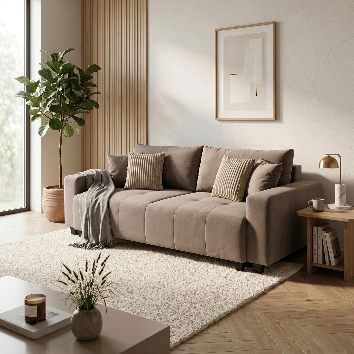 Ecksofa mit Bettfunktion Lily Velours taupe, 240x119cm - Taupe/Schwarz, Trend, Holz/Holzwerkstoff (240/119cm) - Luca Bessoni