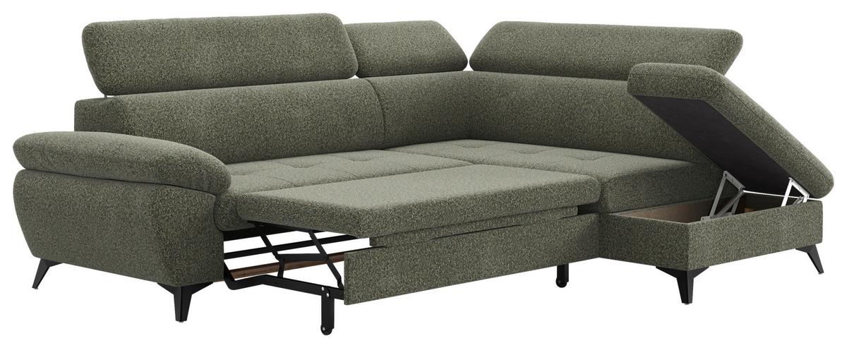 Ecksofa mit Bettfunktion Hudson, Chenille Dunkelgrün - Dunkelgrün/Schwarz, KONVENTIONELL, Textil (256/207cm) - Sembella
