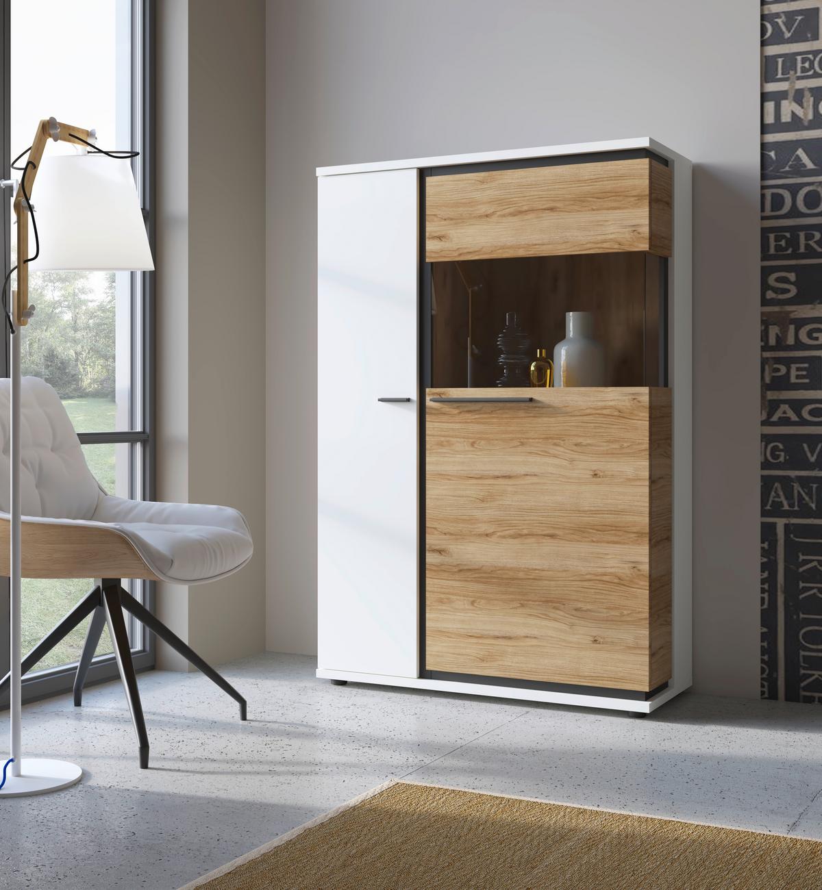 Vitrine Salinas Weiß Eichefarben/Glasfront Rechts - Eichefarben/Schwarz, Trend, Glas/Holzwerkstoff (93/139,8/37cm)
