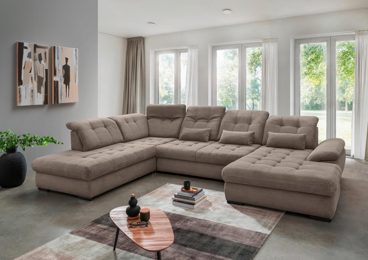 Wohnlandschaft Mit Bettkasten Rigatti Graubraun B: 387 Cm - Graubraun/Schwarz, MODERN, Textil (252/387/184cm) - Livetastic